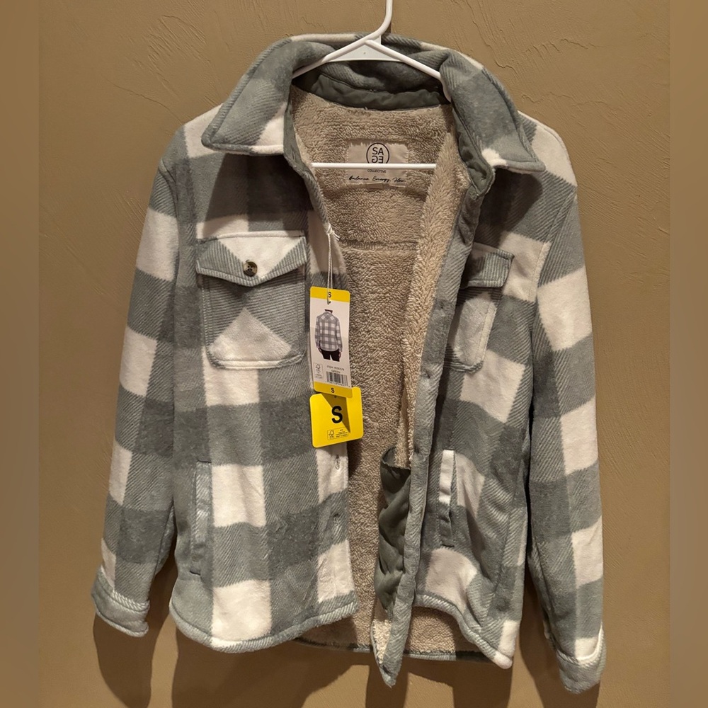 Green and White Plaid Sherpa Jacket